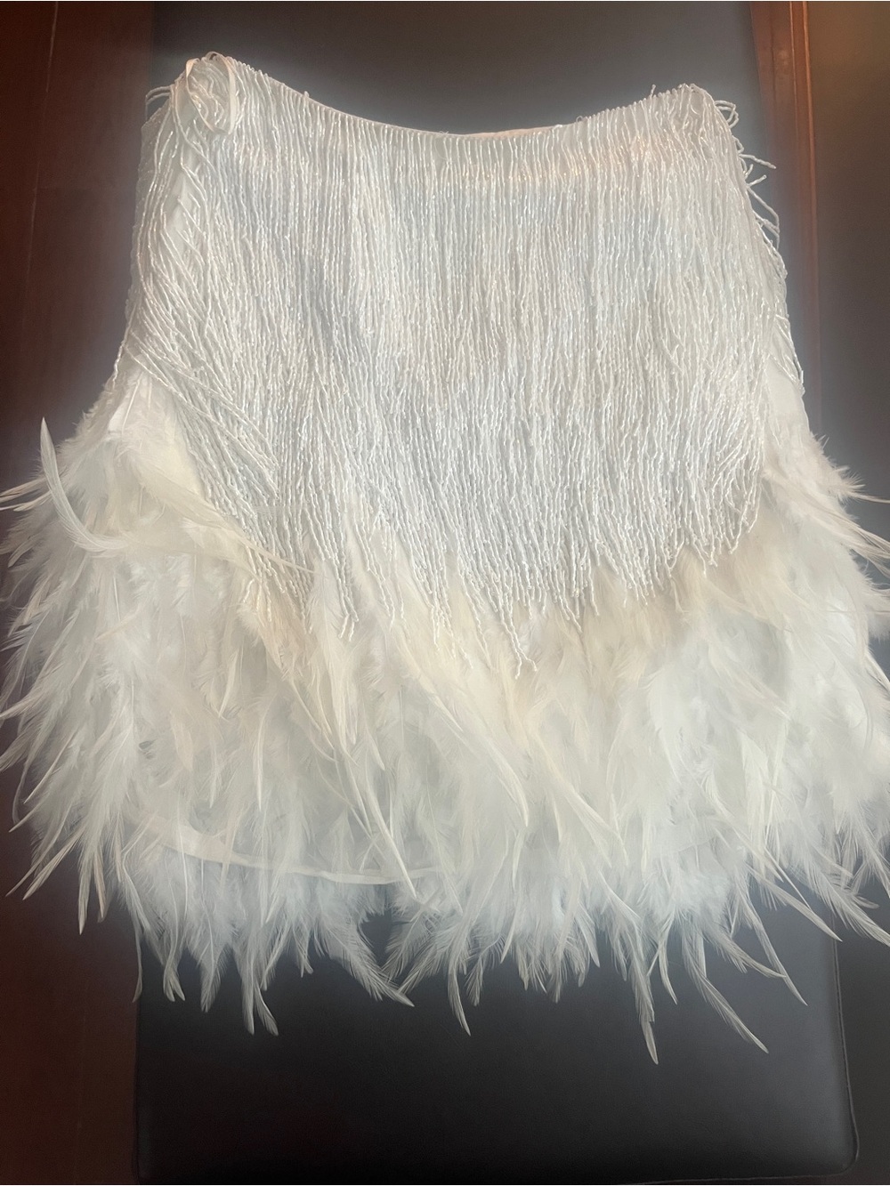 NADINE MERABI Ivory Feather & Fringe Mini Skirt , camisole and shirt